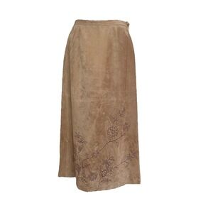 VTG Dialogue Tan Suede Long Skirt with Floral Design Womens Size 12 Boho Western